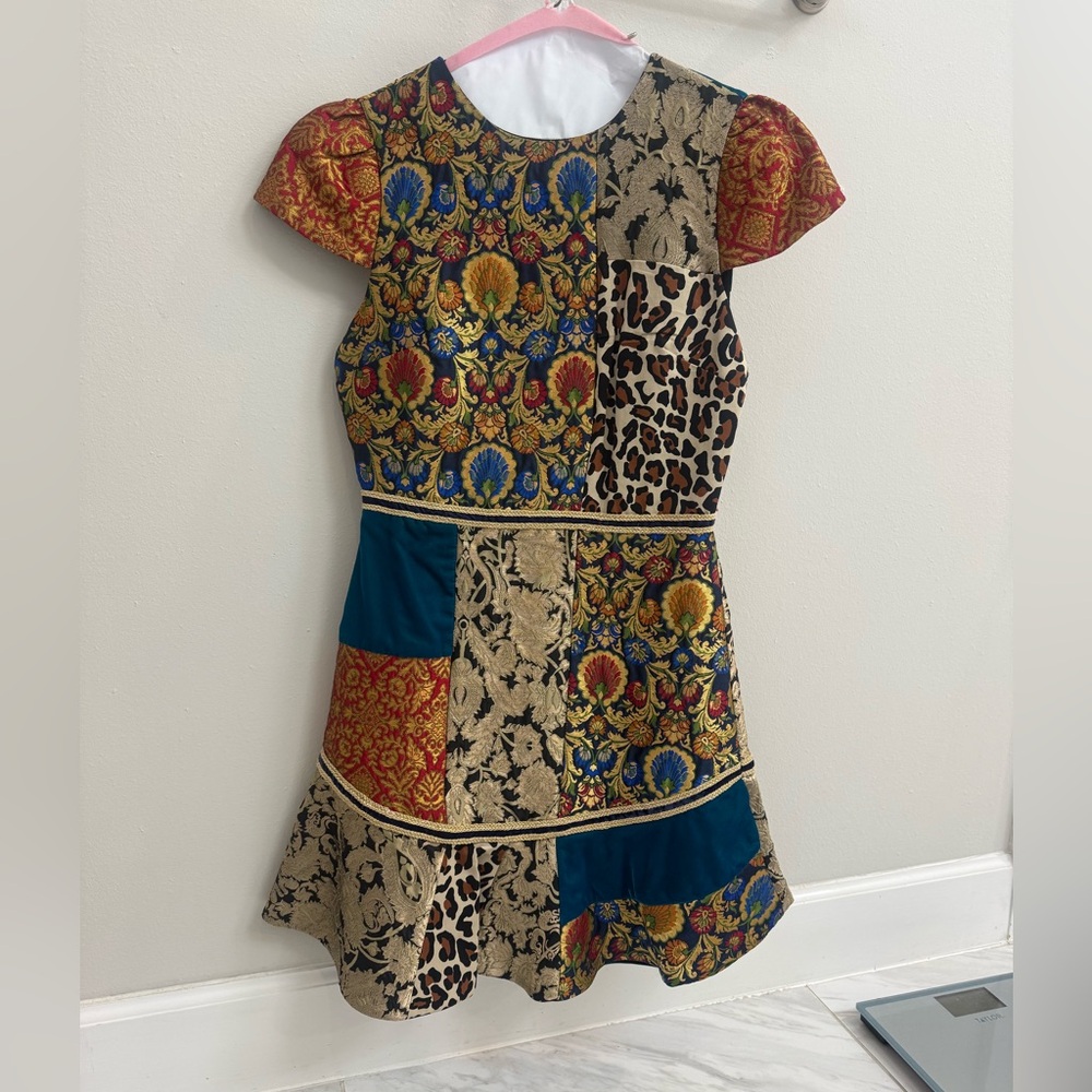 Alice + Olivia Rapunzel Color Block Patchwork printed crepe satin mini dress